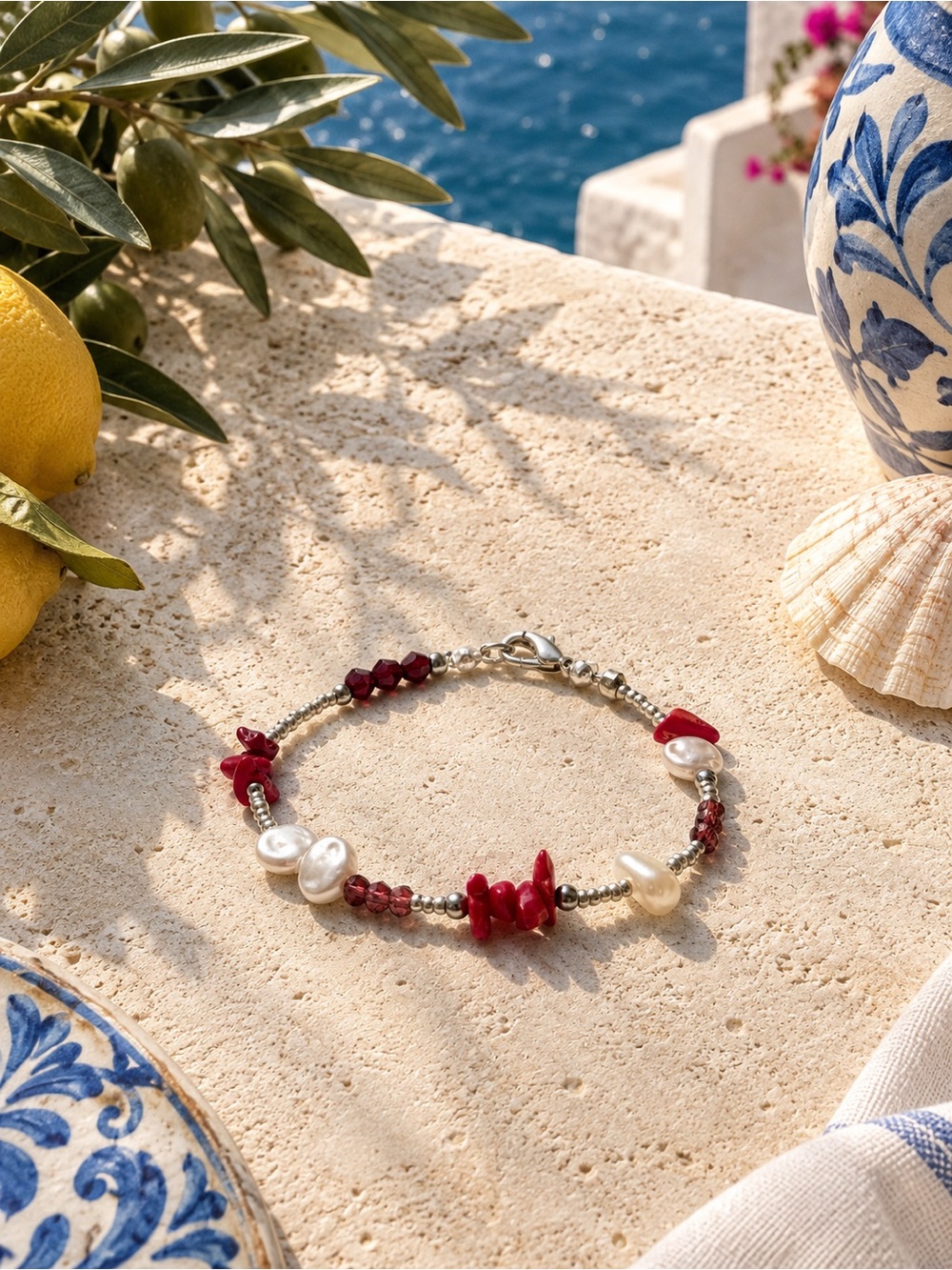 Delicate Red Coral & Pearl Beaded Bracelet